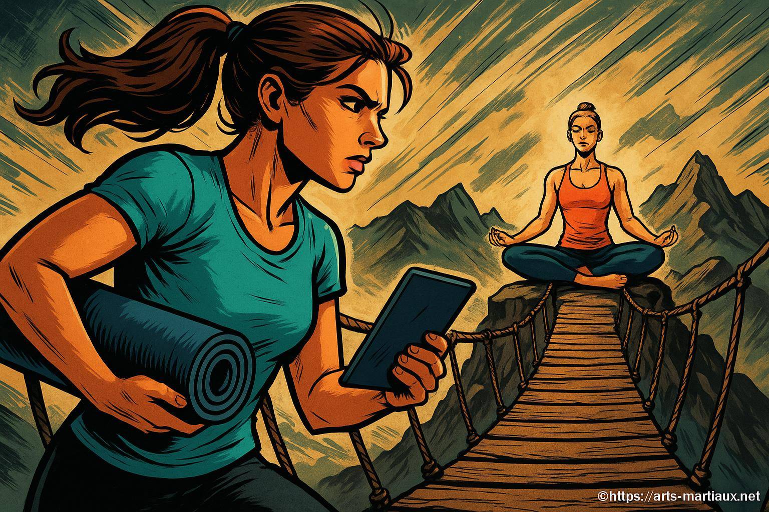 femme courant vers méditation montagne pont