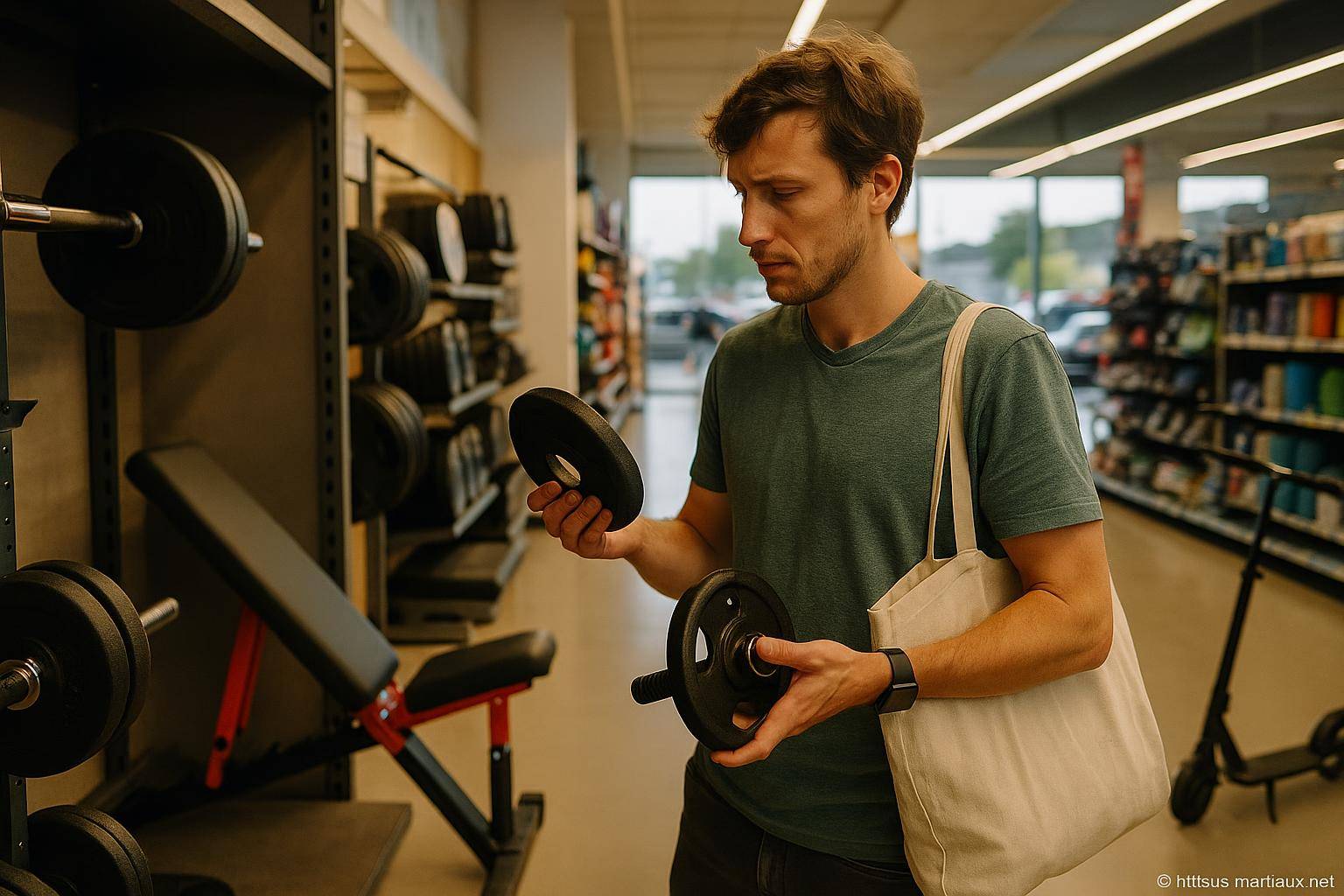 Homme choisissant poids de musculation