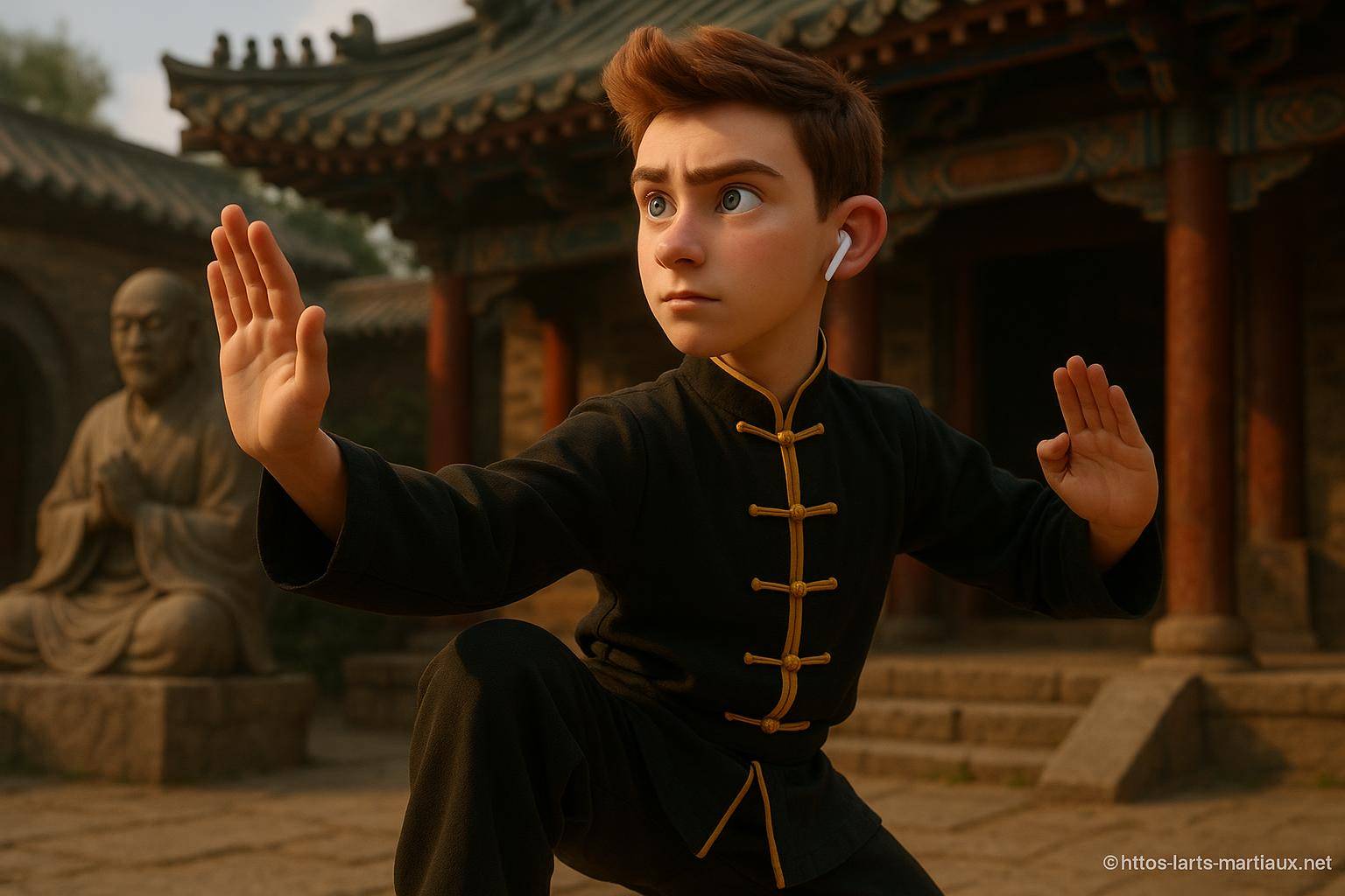 Jeune garçon en tenue de kung-fu en posture