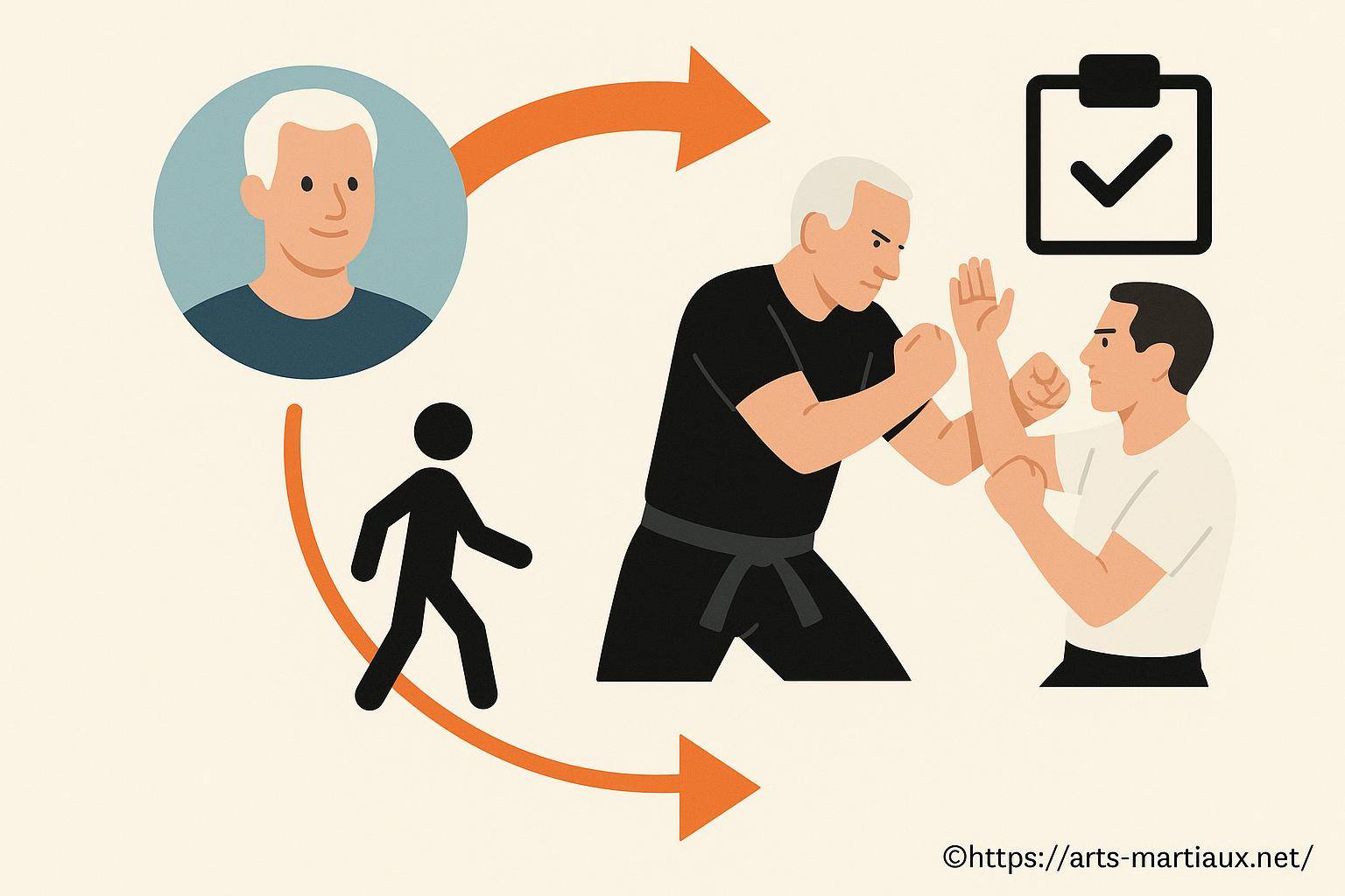 Illustration apprentissage arts martiaux seniors