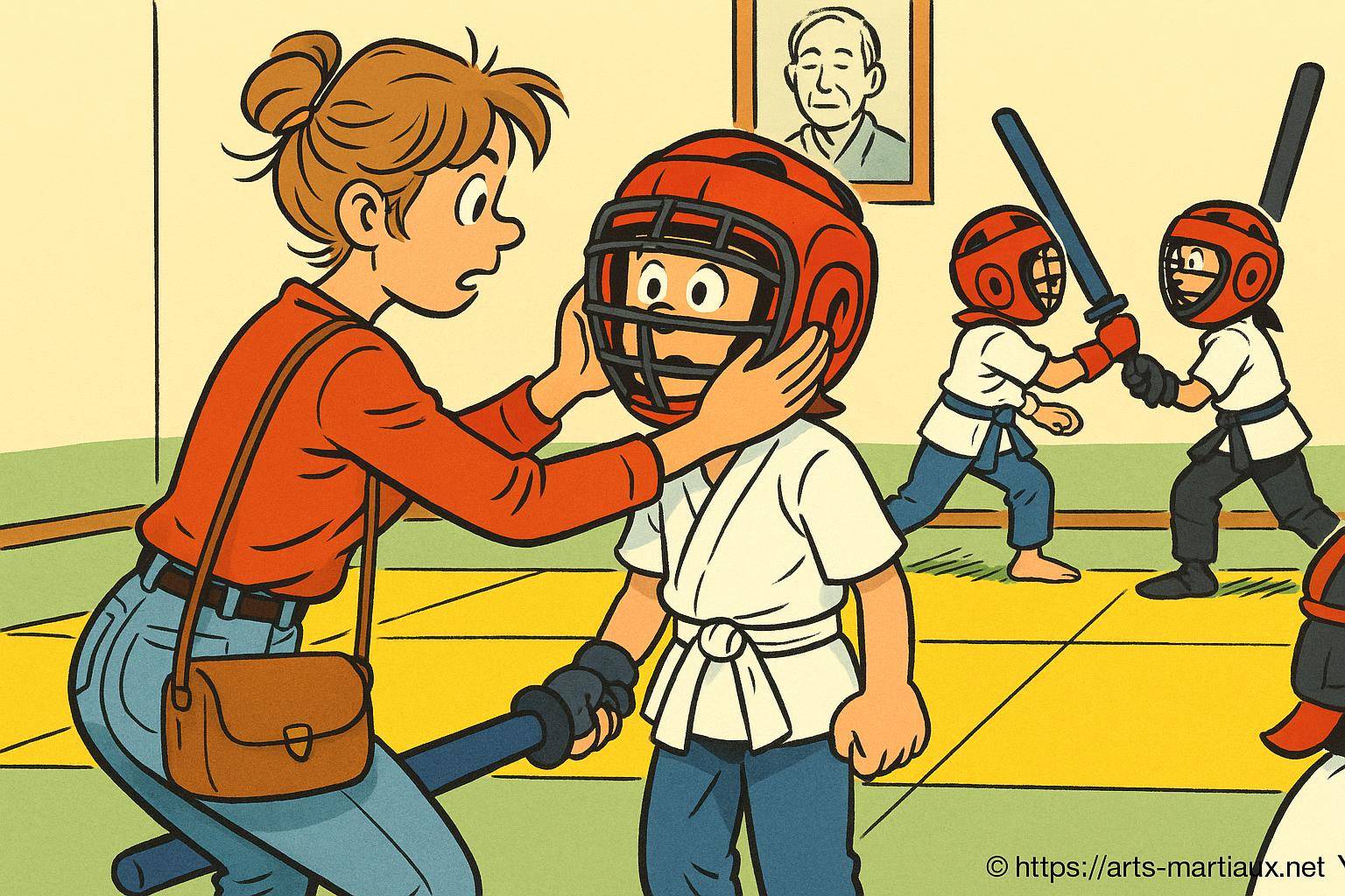 Enfant en karaté avec casque rouge