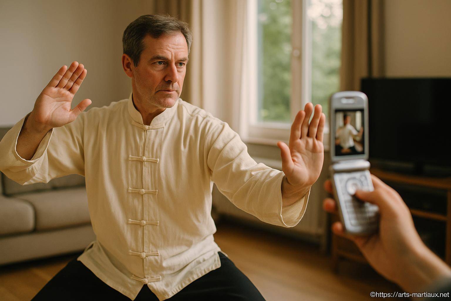 Homme pratiquant tai chi devant téléphone