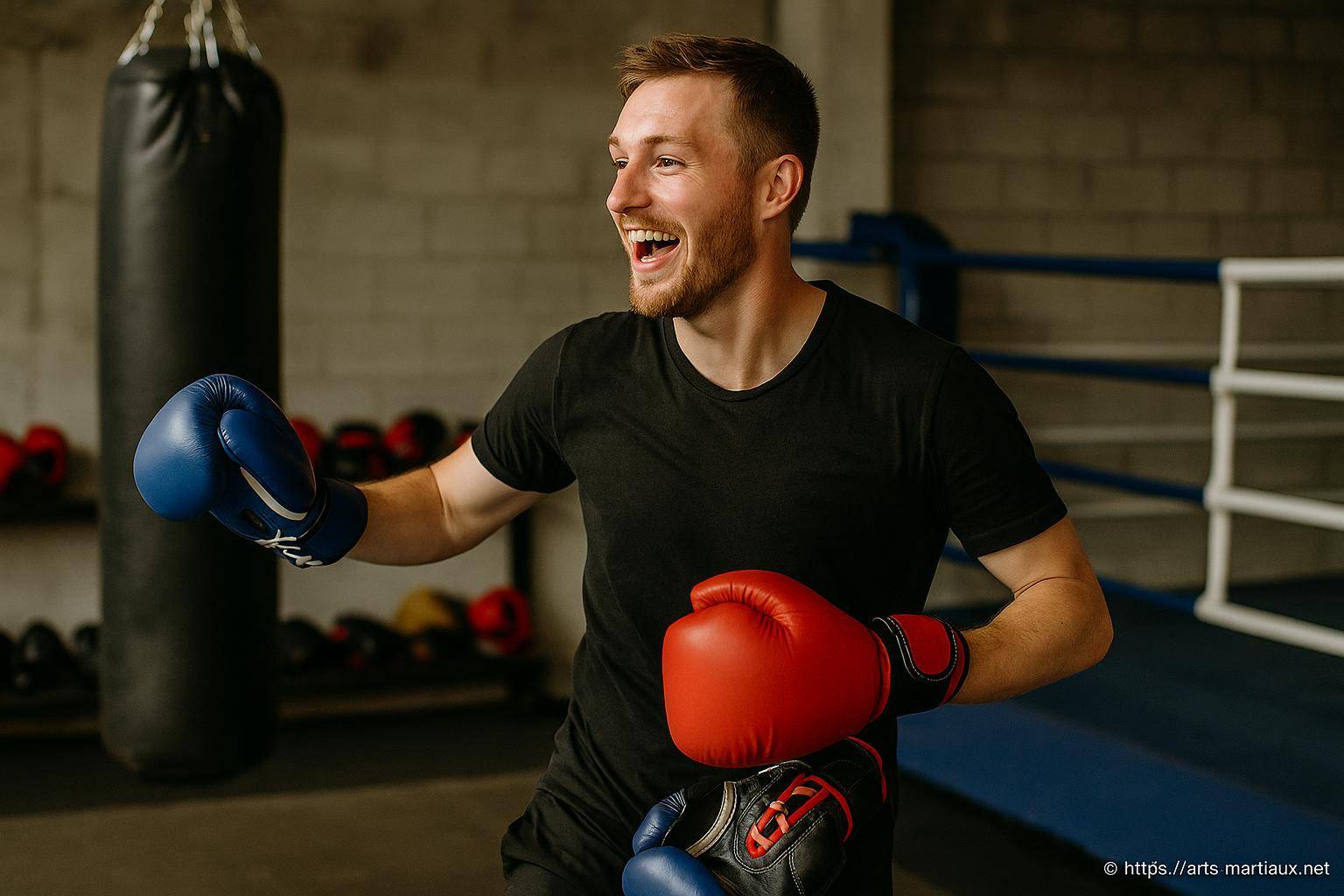 Homme souriant en gants de boxe au gymnase