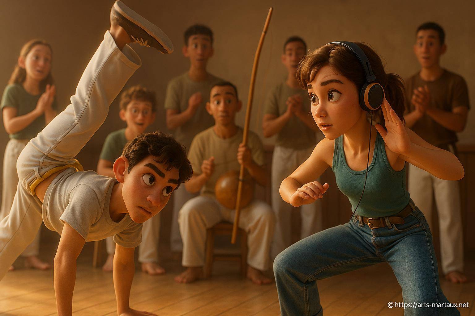 jeunes pratiquant la capoeira en studio