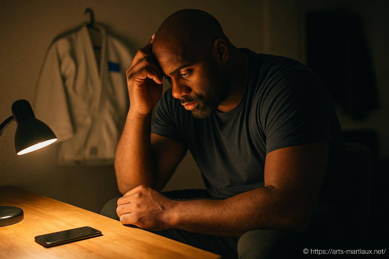 Homme pensif assis à une table éclairée