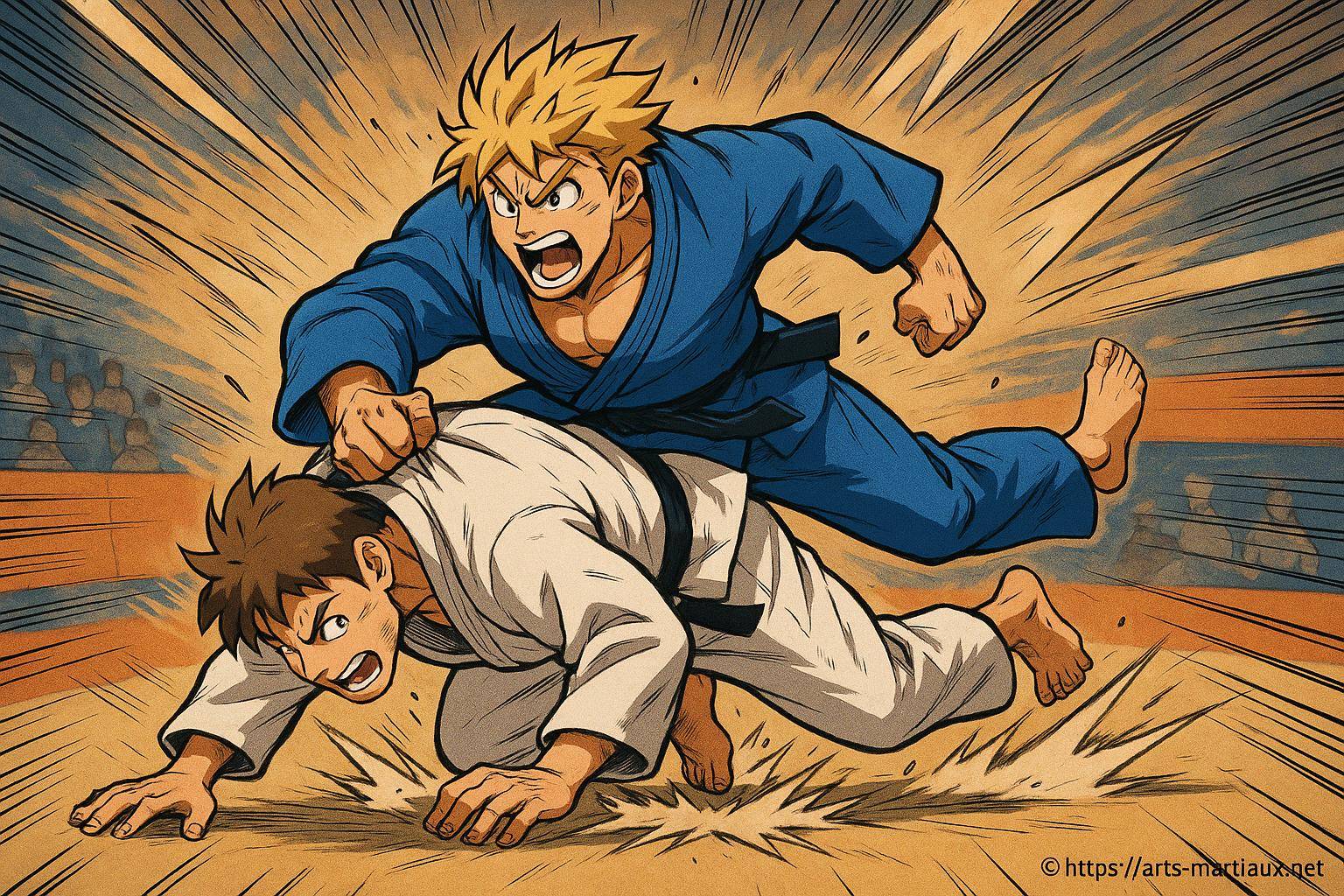 Combat de judo intense entre deux adversaires