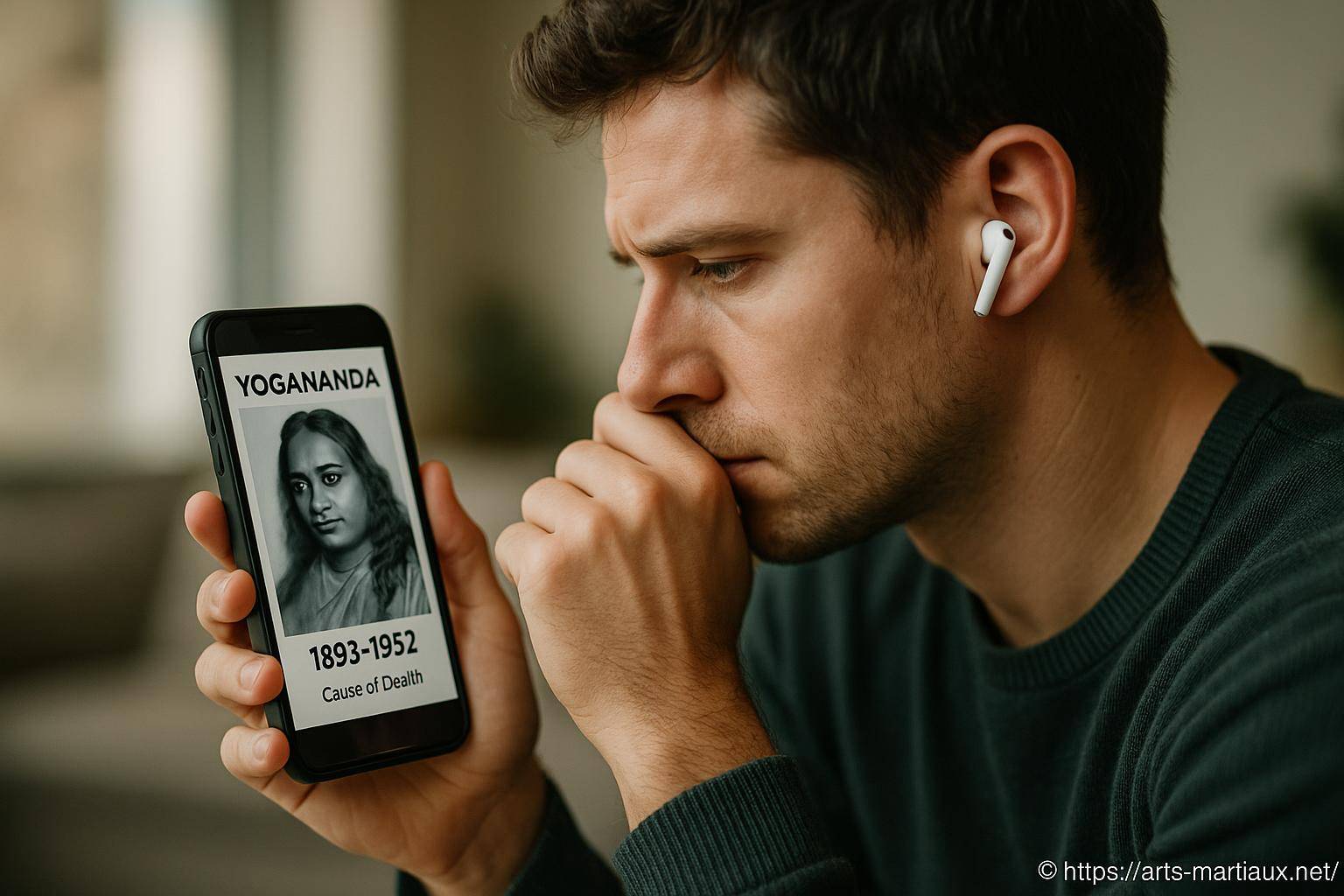 Homme réfléchissant devant portrait de Yogananda