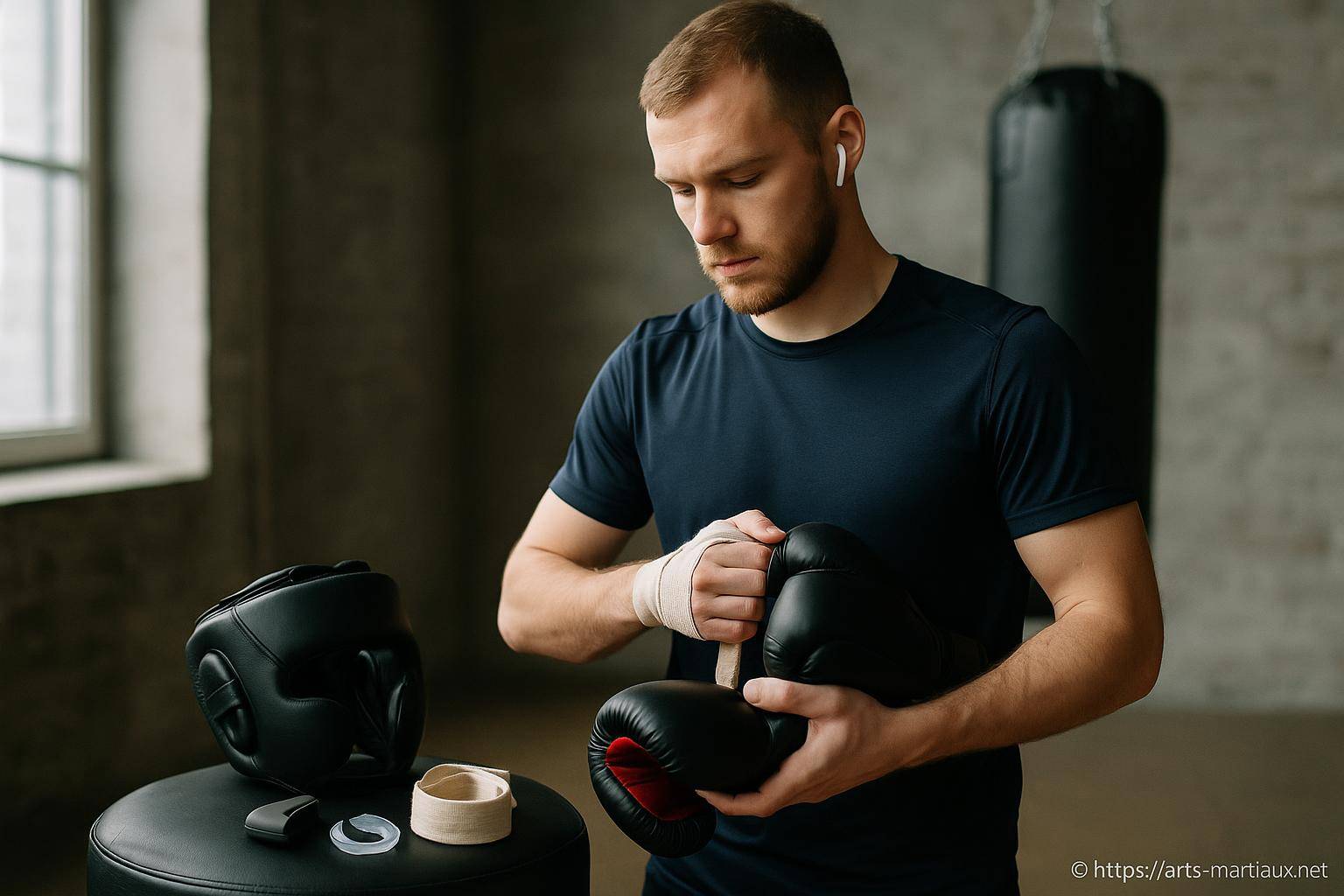 Boxeur enfilant des gants de boxe noirs
