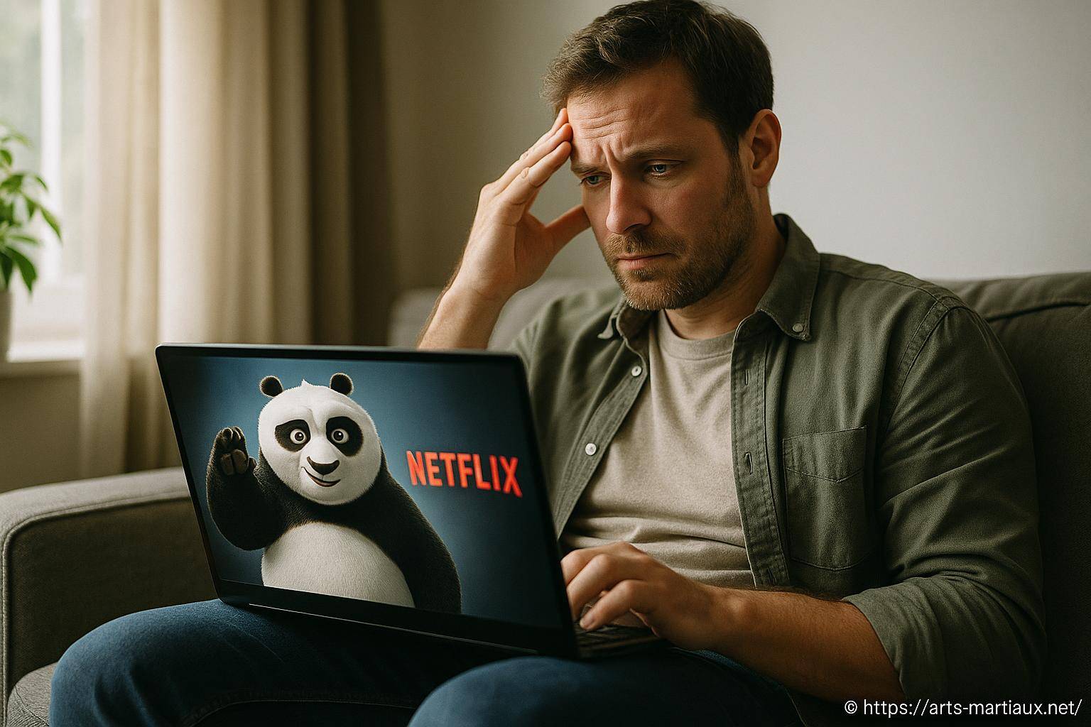 Homme pensif regardant un film Netflix panda