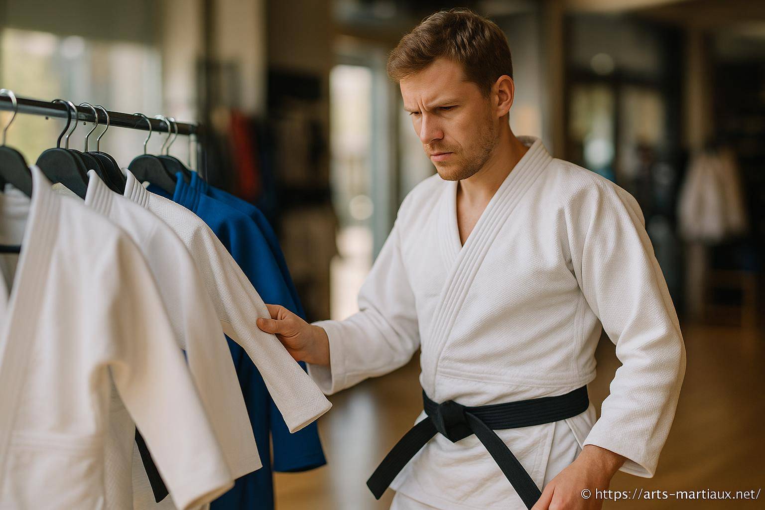 Homme en kimono noir examinant un kimono blanc