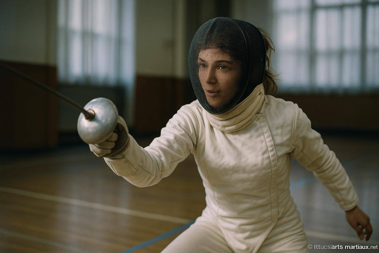 Femme en tenue d'escrime en action