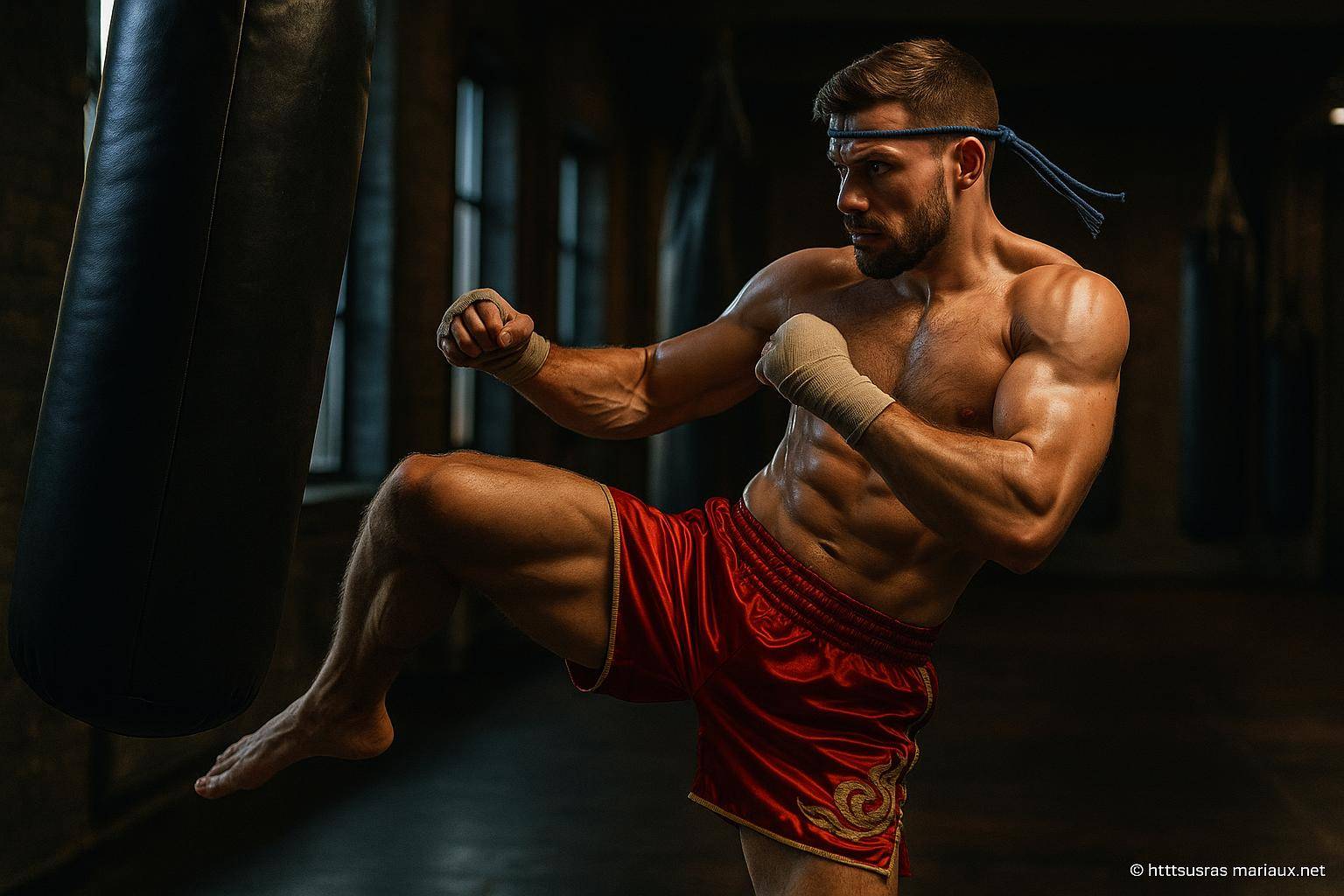 Homme musclé en short rouge frappe sac de boxe