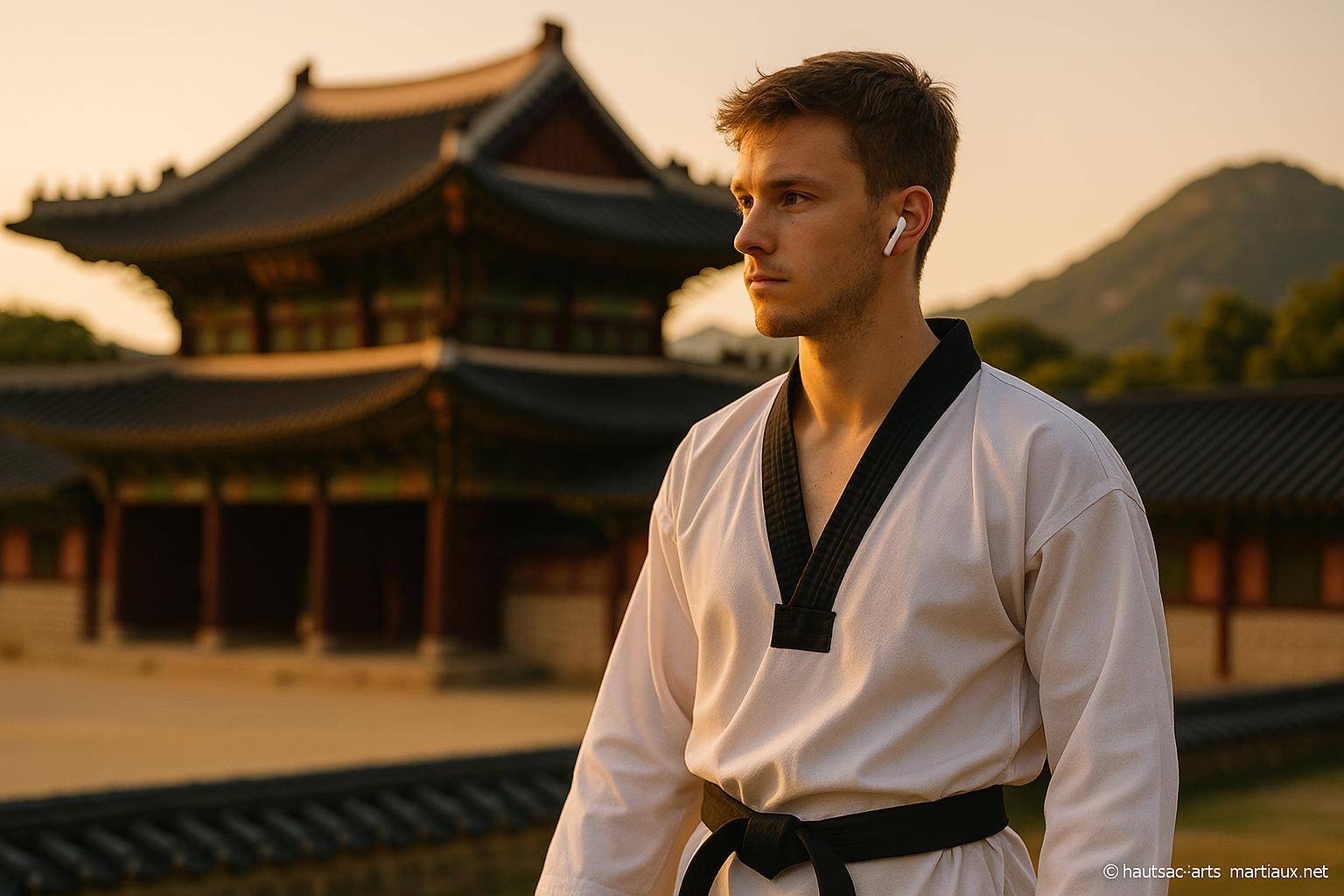 Homme en tenue de taekwondo devant palais traditionnel