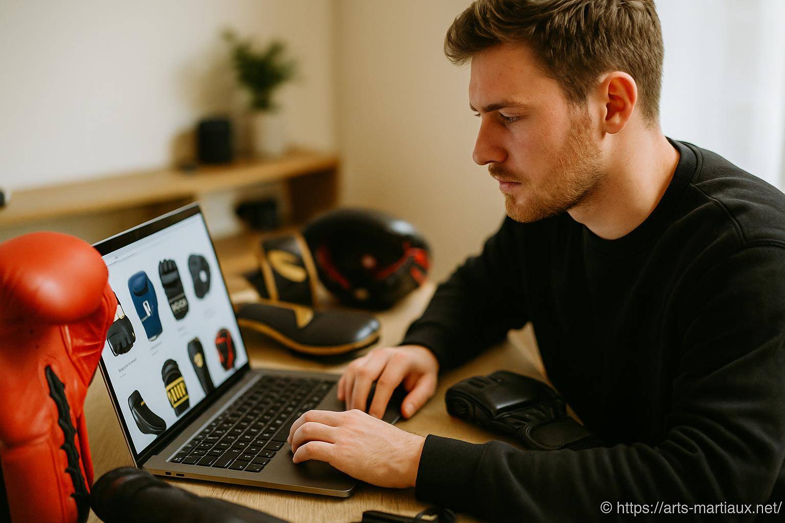 Homme choisissant des équipements de boxe en ligne