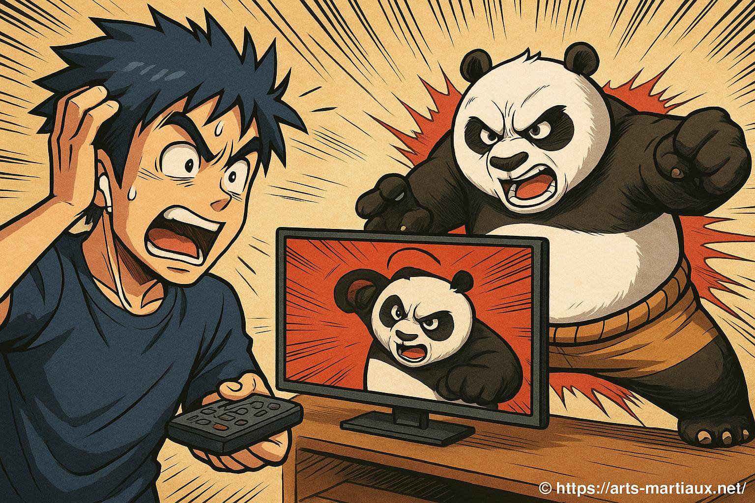 Homme effrayé par panda agressif sur écran