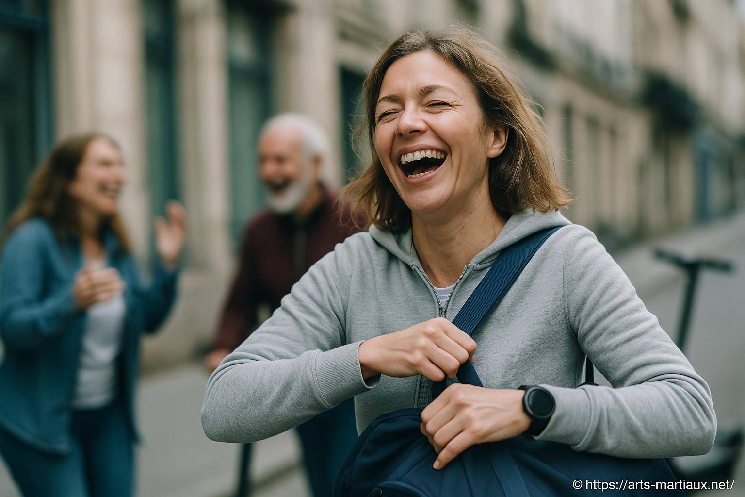 femme riant avec amis en arrière-plan