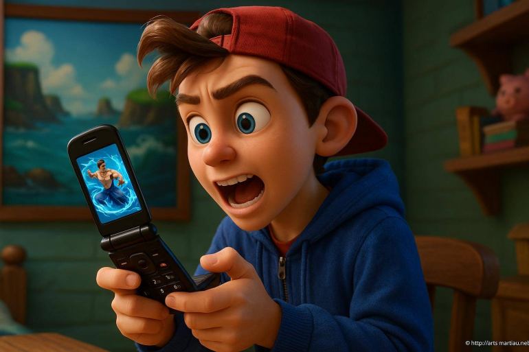 Garçon surpris avec téléphone à clapet