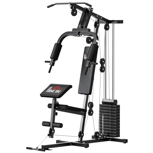 HOMCOM Station de Musculation Multifonction avec Stack de 65 kg, Double Poulie, Station de Développé Couché, Butterfly, Plateforme à Biceps & Développeur de Jambes, Noir