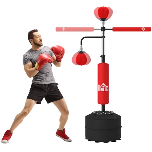 HOMCOM Sac de Frappe sur Pied 4 en 1, Punching Ball Autonome 2 balles de Vitesse Barre rotative 360° Gants Hauteur réglable 160-230 cm, Sac de Boxe pour Adultes, pour Boxe Muay Thaï Taekwondo, Rouge