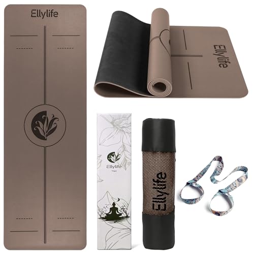Ellylife Tapis Yoga Caoutchouc Naturel et Surface Mate PU Antidérapant, Tapis de Sport avec Repères d'alignement, Anti-Déchirure, Design unique, Pour Yoga, Pilates et Fitness(marron)