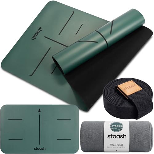 STAASH Kit Yoga Premium – Tapis PU & Caoutchouc Naturel + Serviette + Sangle + Hand Pad – Adhérence Ultime (Ultra Grip) & Qualité Studio Écologique (Vert olive)
