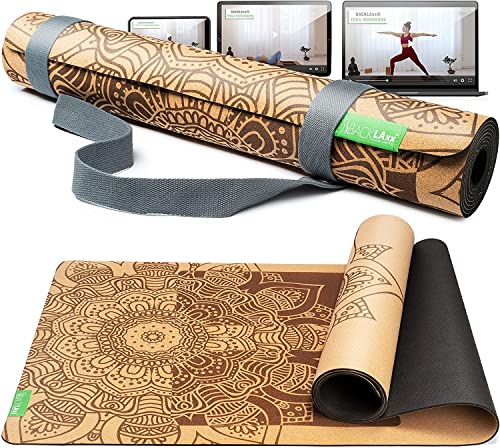 BACKLAxx ® Tapis de yoga liège avec caoutchouc naturel - Tapis yoga non toxique durable et antidérapant avec zones antidérapantes - Sangle de tapis et vidéos d'application inclu - Yoga mat