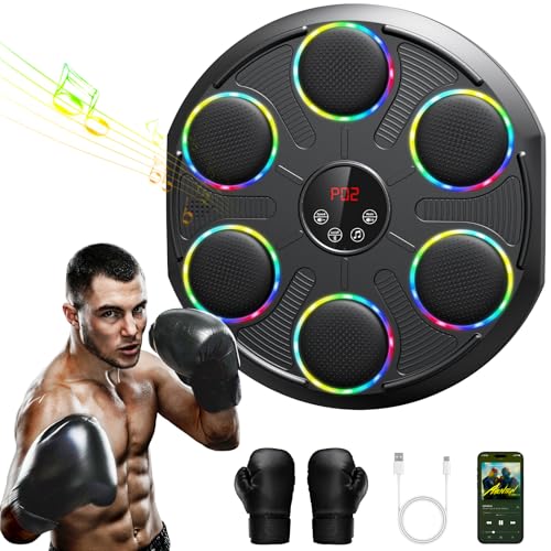 Machine de Boxe Musicale, Grand Modèle Mural Professionnel de Boxe avec LED Dynamique et Gants, Bluetooth Smart, 12 Vitesses et Mode, pour Adultes et Enfants, Intérieur et Salles de Sport, Noir