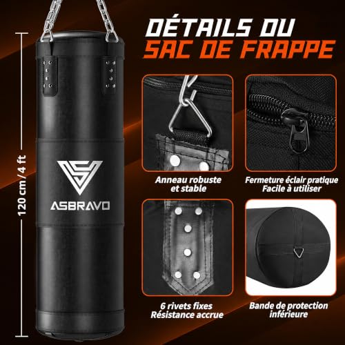 ASBRAVO Sac de Frappe pour Adultes, 120 cm, Kit avec Gants d