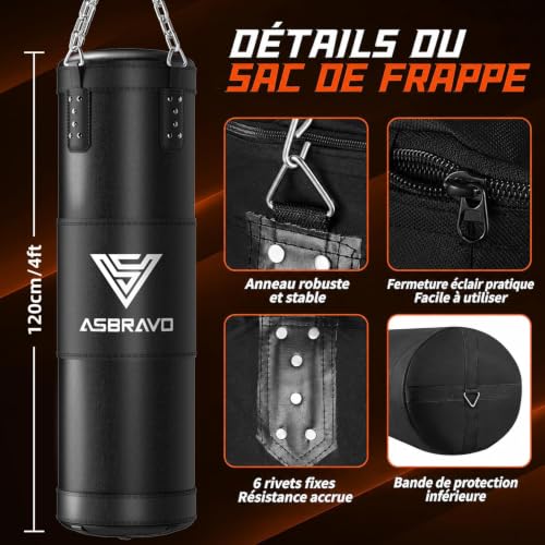 ASBRAVO Sac de Frappe pour Adultes, 120 cm, Kit avec Gants d