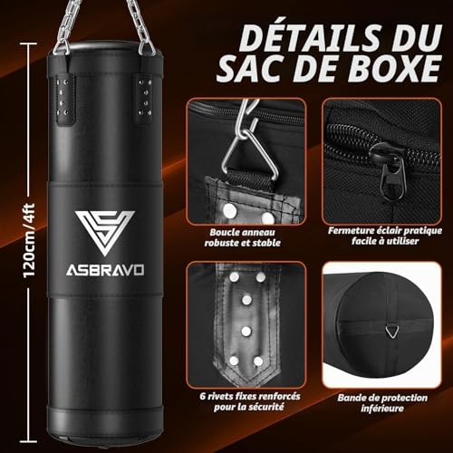 ASBRAVO Sac de Frappe Adultes 120 cm Lourd - Kit avec Gants 