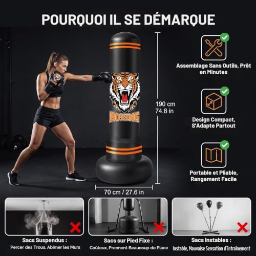 Ninonly Punching Ball 190cm pour Adultes avec Gants & Pompe,